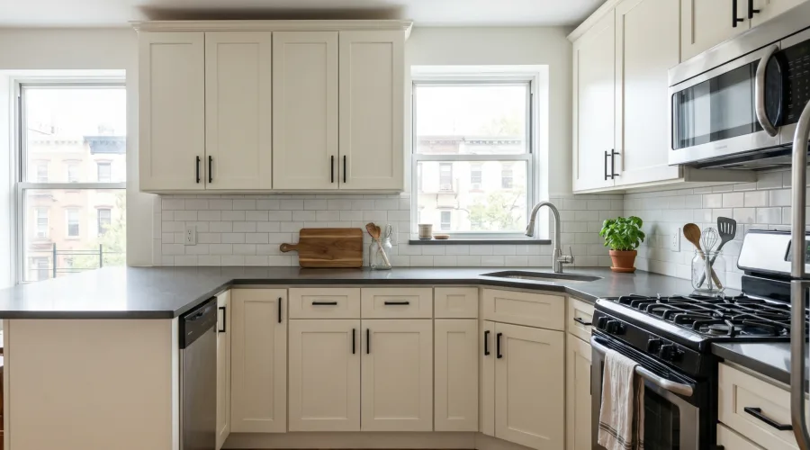 Bright kitchen with freshly painted cream cabinets, dark countertops, and stainless steel appliances