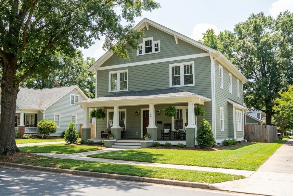 Freshly painted green two-story home with front porch in a tree-lined Monroe, NC neighborhood